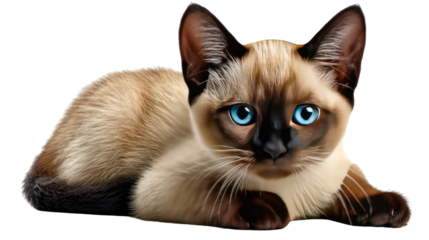 Siamese Cat with Blue Eyes: A captivating portrait of a Siamese cat, known for its striking blue eyes and distinctive point coloration, as it lies in a relaxed posture.