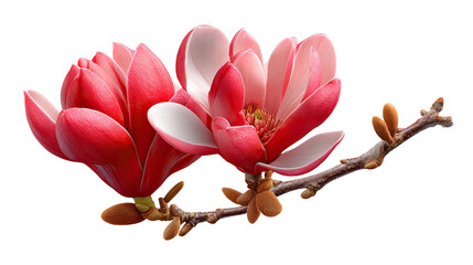 Magnolia Blossom Serenity: A vibrant display of two delicate magnolia blooms on a slender branch, exuding a sense of natural elegance and floral beauty.