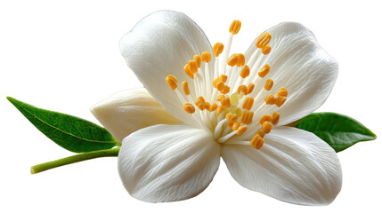 Jasmine Blossom: Delicate jasmine bloom featuring exquisite petals and verdant foliage, embodies purity, grace, and serenity