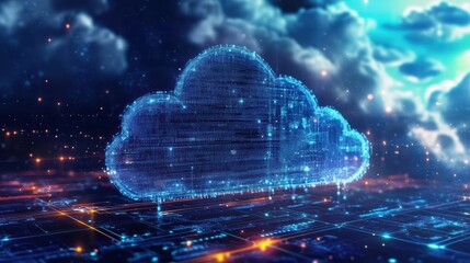 A digital cloud composed of glowing data points, set against a futuristic backdrop, symbolizes technology and digital storage.