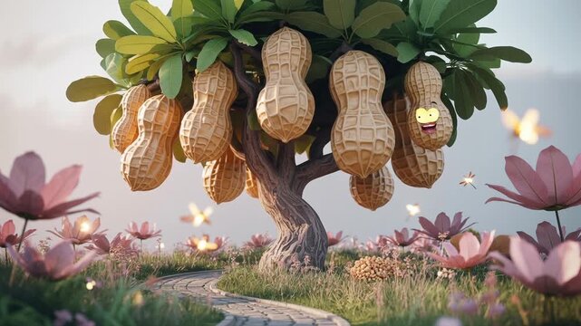 Peanut tree with clusters of peanuts growing fresh under daylight