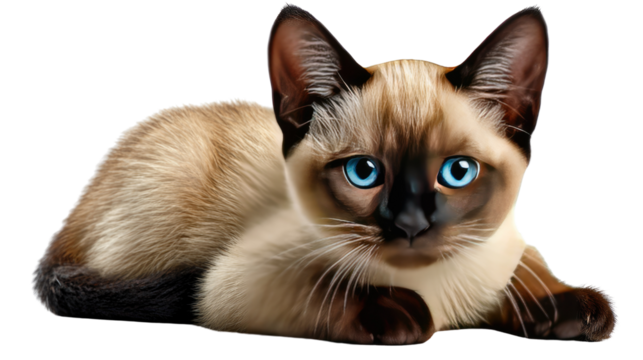 Siamese Cat with Blue Eyes: A captivating portrait of a Siamese cat, known for its striking blue eyes and distinctive point coloration, as it lies in a relaxed posture.