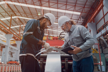Fototapeta premium Engineers and staff are inspecting systems and components in a metal sheet and metal roofing manufacturing plant.