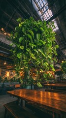 Fototapeta premium Lush Hanging Plant in a Cozy Indoor Space with Wooden Tables.