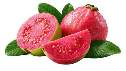 Vibrant Guavas: Juicy, freshly cut guava fruit, its vibrant pink flesh contrasted with the inviting green of the leaves, creating a mouthwatering still life that captures the essence of freshness.