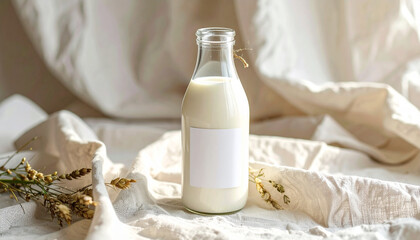 A glass bottle filled with a creamy liquid, likely milk, sits on a textured cloth surface.