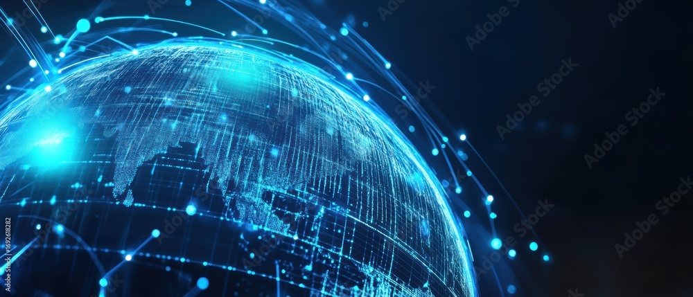 Poster a digital representation of earth, featuring glowing connections and a network of data points, empha
