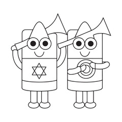 Outline drawing of two cartoon characters holding musical instruments for Hanukkah Keywords: Hanukkah, characters, cartoon, musical instruments, trumpet, drum, Star of David, celebration, holiday