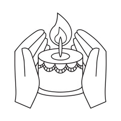 Hands holding a lit candle on a decorated cake in black and white line art Keywords: hands, holding, candle, lit, flame, cake, birthday, celebration, party, holiday, festive, decorated, decorative