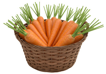 透明背景のバスケットに入った新鮮なニンジン オレンジ色で緑色の葉があり 自然な光の中で展示されています