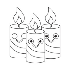 Three cute cartoon candles with faces and flames in black and white line art Keywords: candles, candle, cute, cartoon, kawaii, faces, smiling, happy, flames, fire, burning, lit, celebration, party