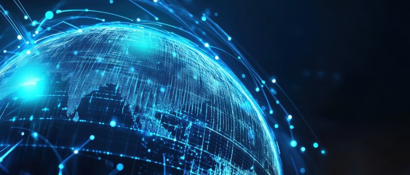 A digital representation of Earth, featuring glowing connections and a network of data points, emphasizing technology and global connectivity.