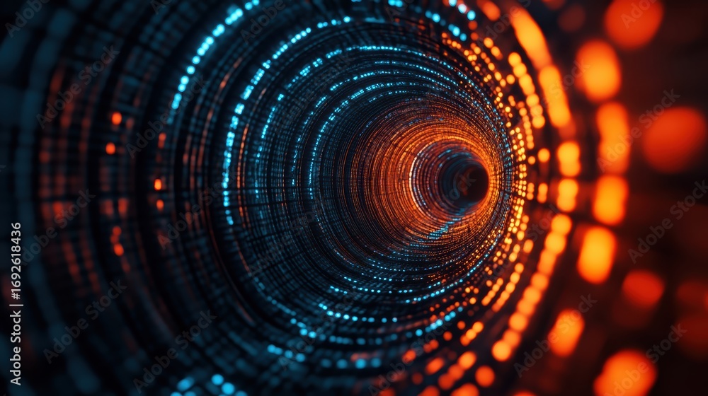 Poster a mesmerizing digital tunnel illuminated with blue and orange lights, creating a futuristic and abst