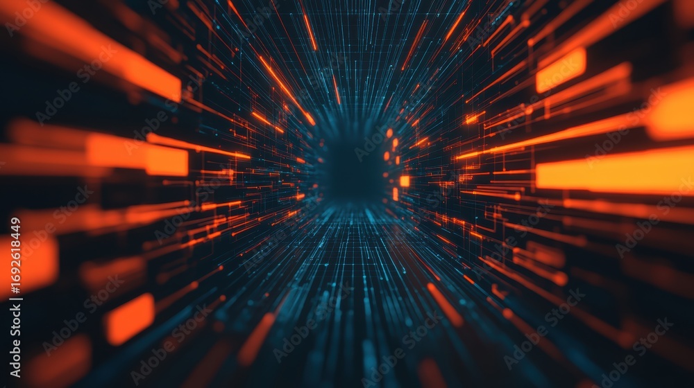 Poster a vibrant digital tunnel with blue and orange streaks, creating a dynamic sense of movement and dept
