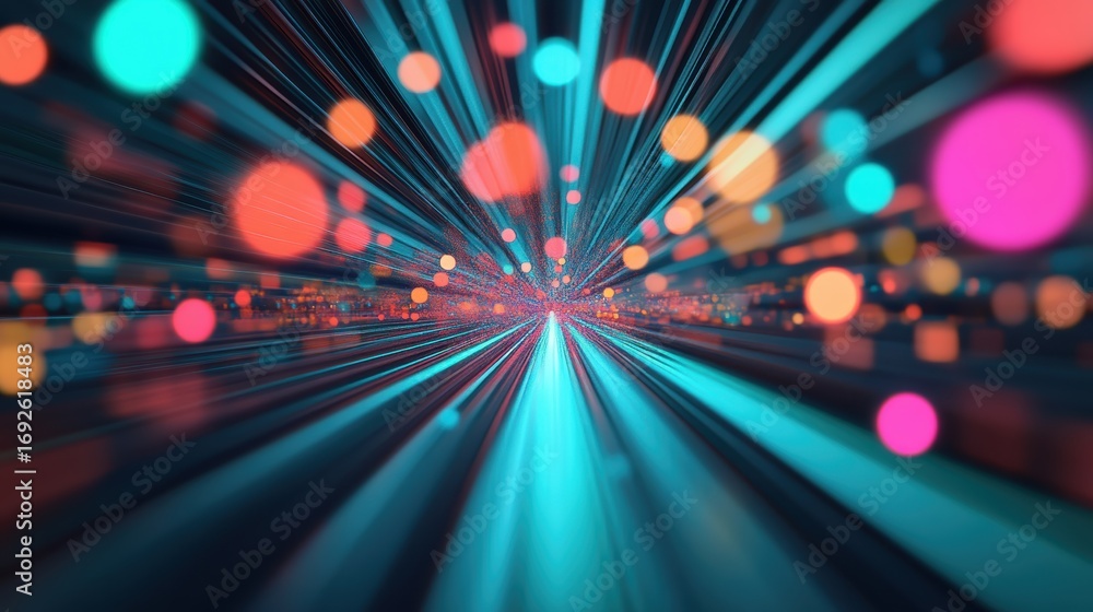 Poster a vibrant, abstract image featuring colorful light bursts and rays, creating a sense of depth and mo