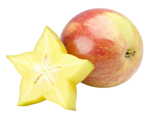 Pair of Star Apples with One Halved, angled composition, isolated on transparent background PNG