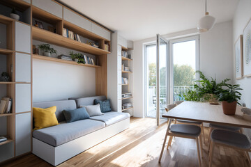 Minimalist Micro Apartment with Scandinavian Design and Multifunctional Furniture in Bright Natural Light
