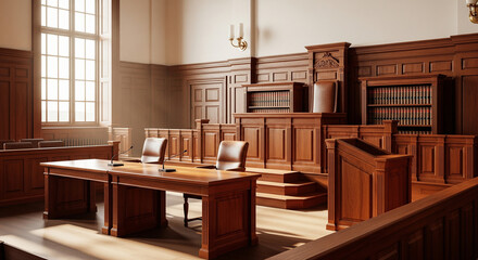A modern, empty courtroom bathed in sunlight. The image highlights the classic wooden interior, judge's bench, and detailed architecture, evoking a sense of justice, law