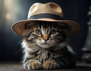 Cute grey kitty in a cowboy hat