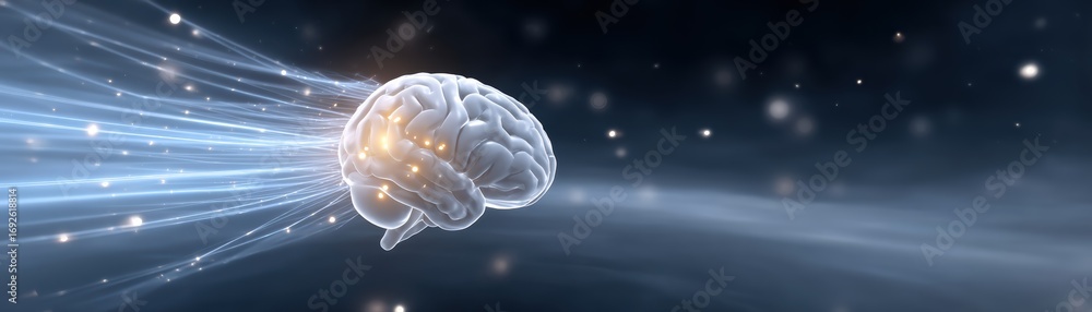 Poster a glowing brain surrounded by dynamic light trails, symbolizing intelligence, creativity, and cognit