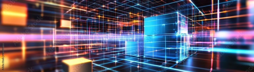 Aufkleber a vibrant, abstract representation of a digital space with glowing cubes and lines, evoking a sense 