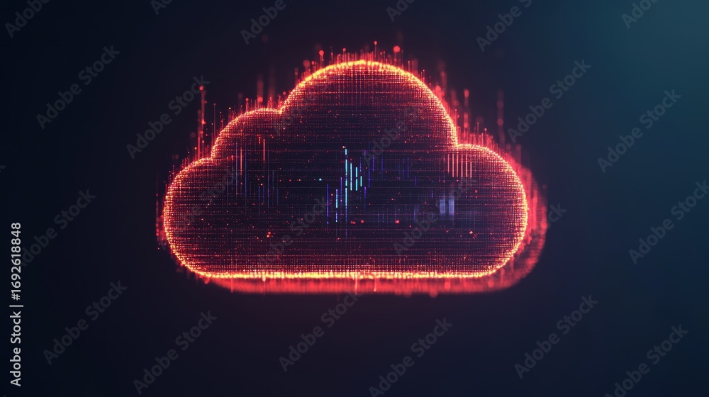 Aufkleber a glowing digital cloud icon with vibrant red and blue data visualizations, symbolizing cloud comput