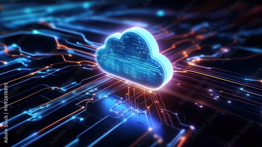 Poster a digital illustration of a glowing cloud symbol, representing cloud computing, surrounded by intric