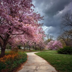 Serene park path shaded by cherry branches and moving clouds