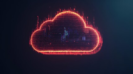 A glowing digital cloud icon with vibrant red and blue data visualizations, symbolizing cloud computing and data storage technology.