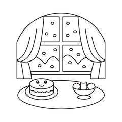 Cozy Window Scene with a Smiling Cake and Ice Cream outline illustration