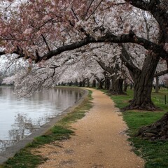 Serene park path shaded by cherry branches and moving clouds