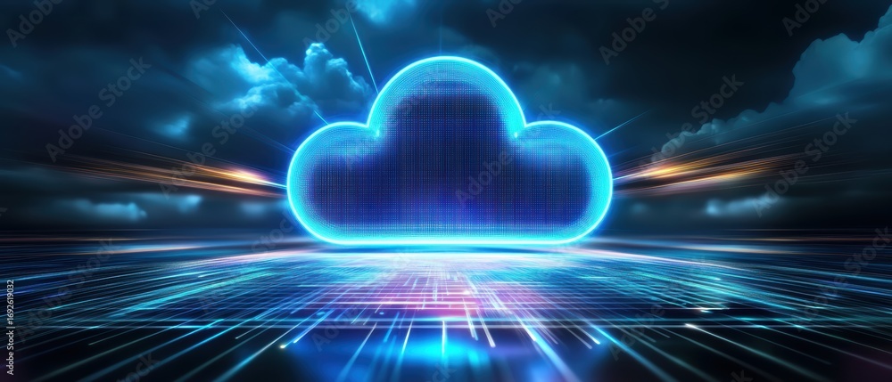 Poster a glowing cloud symbol against a dramatic digital backdrop, representing cloud computing and data st