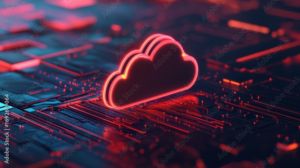 Poster a digital representation of a cloud symbol glowing in red, set against a dark, circuit-like backgrou
