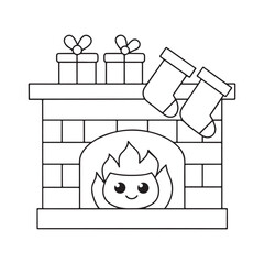 Cartoon fireplace with burning fire, stockings and gift boxes for Christmas chimney