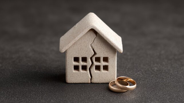 Symbolic representation of divorce and relationship breakdown featuring a cracked house model with wedding rings on a dark textured background - Powered by Adobe