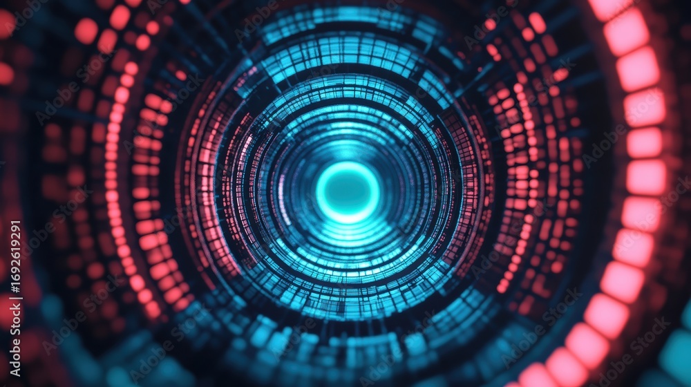 Poster a vibrant, futuristic tunnel with glowing blue and red patterns, creating a dynamic visual depth and