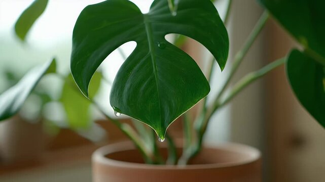 Vibrant Green Monstera Leaf with Glistening Water Droplet Dripping, Capturing Natural Freshness and Indoor Plant Beauty