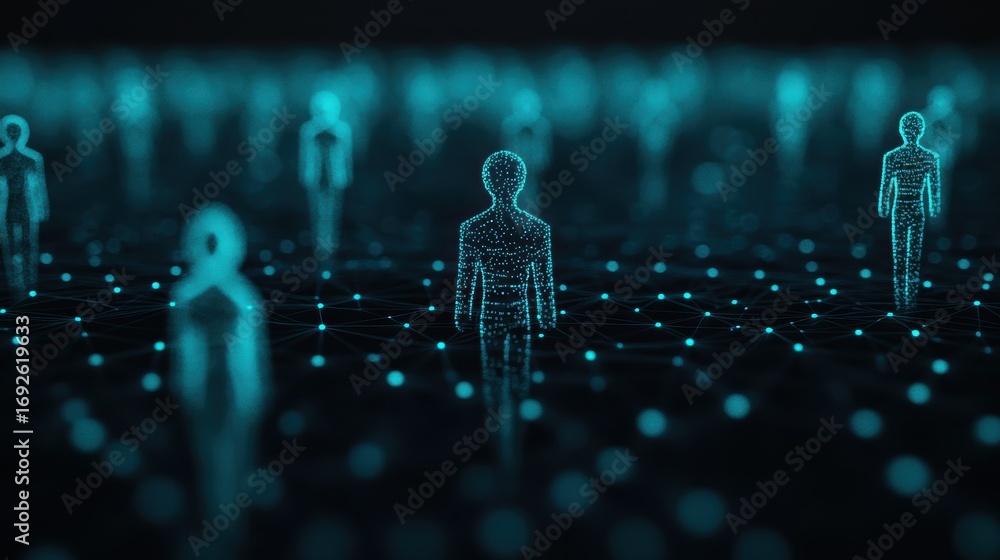Poster digital representation of people connected through a network, emphasizing technology and virtual int