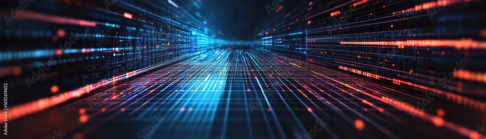 Poster a vibrant, futuristic tunnel of light and data streams, showcasing motion and technological advancem