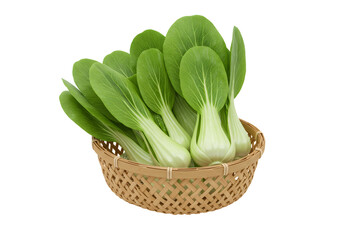透明背景に分離された木のバスケットに入った新鮮な緑色の白菜のクローズアップ