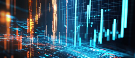 A dynamic digital illustration showcasing vibrant blue and orange data visualizations, representing modern technology and information flow.