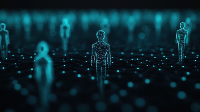 Digital representation of people connected through a network, emphasizing technology and virtual interactions in a futuristic setting.