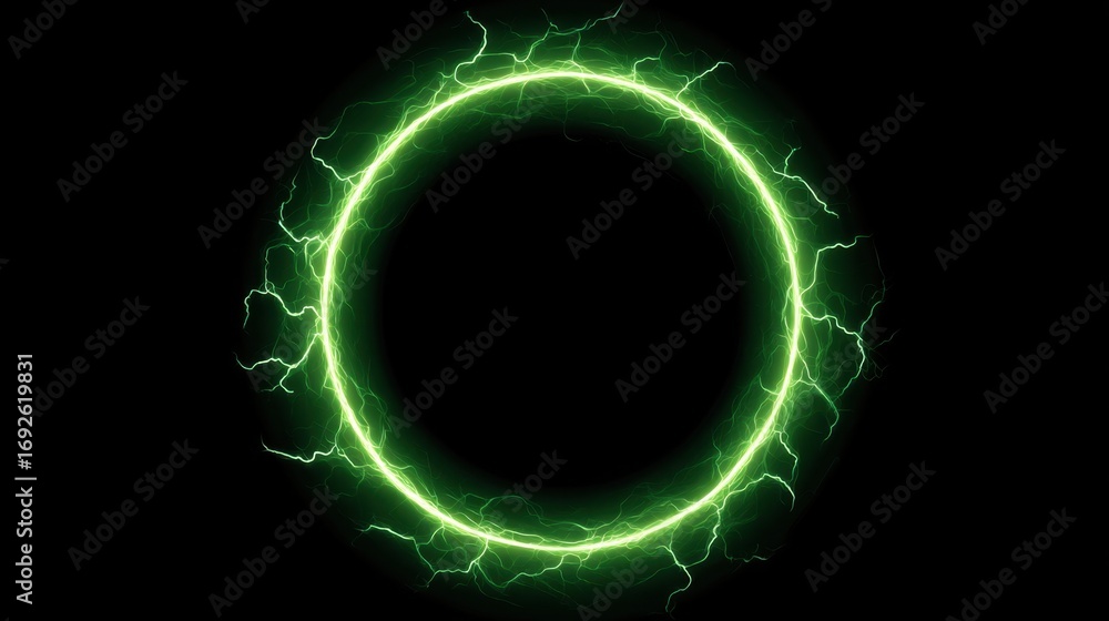 Poster glowing green energy circle with electric sparks on black background for creative and abstract stock