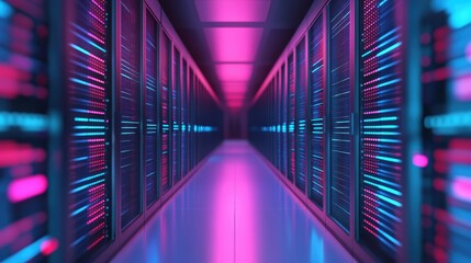 A visually striking corridor of data servers illuminated by vibrant pink and blue lights, showcasing modern technology in a high-tech environment.