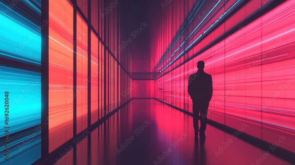 Poster a striking scene featuring a silhouetted figure in a vibrant corridor illuminated by dynamic red and