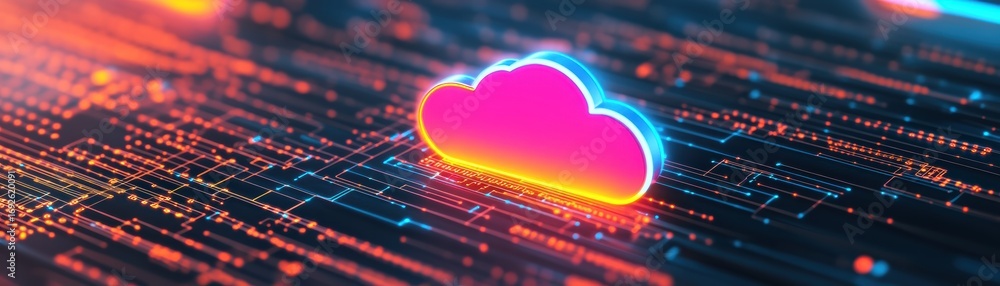 Poster a vibrant, digital cloud icon surrounded by a network of glowing data lines, symbolizing cloud compu