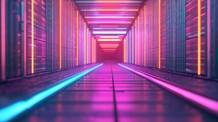 A vibrant, futuristic corridor illuminated by neon lights, featuring a sleek, reflective floor and colorful walls creating a dynamic visual experience.
