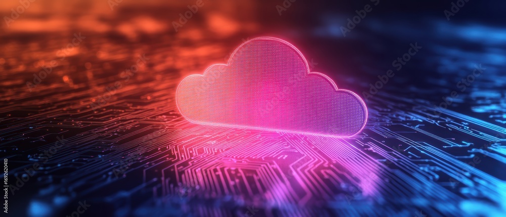 Poster a digital cloud icon glows against a circuit board background, representing modern technology and cl