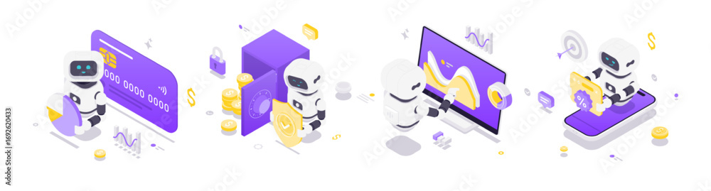 Poster isometric vector illustration showcasing robots interacting with artificial intelligence, finance, d