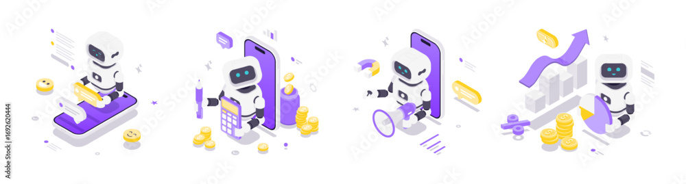 Poster isometric vector illustration depicting robots using artificial intelligence for business automation
